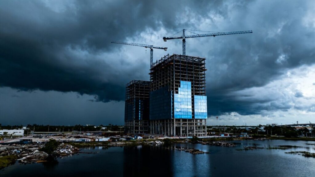Unfinished South Florida construction sites with stormy skies.