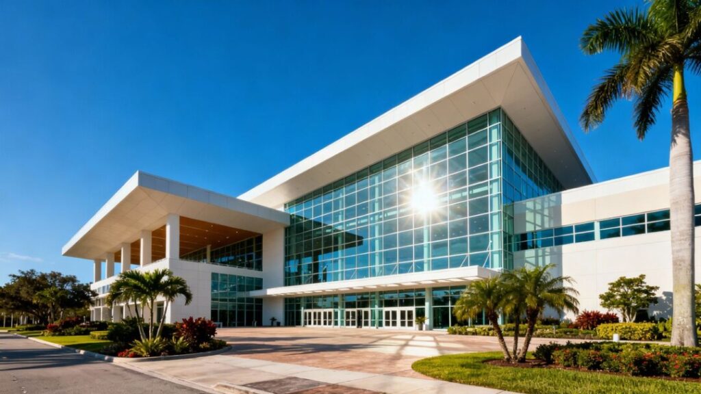 Broward Convention Center expansion with modern architecture and blue sky.
