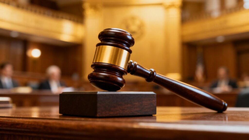 Gavel striking block in a courtroom.