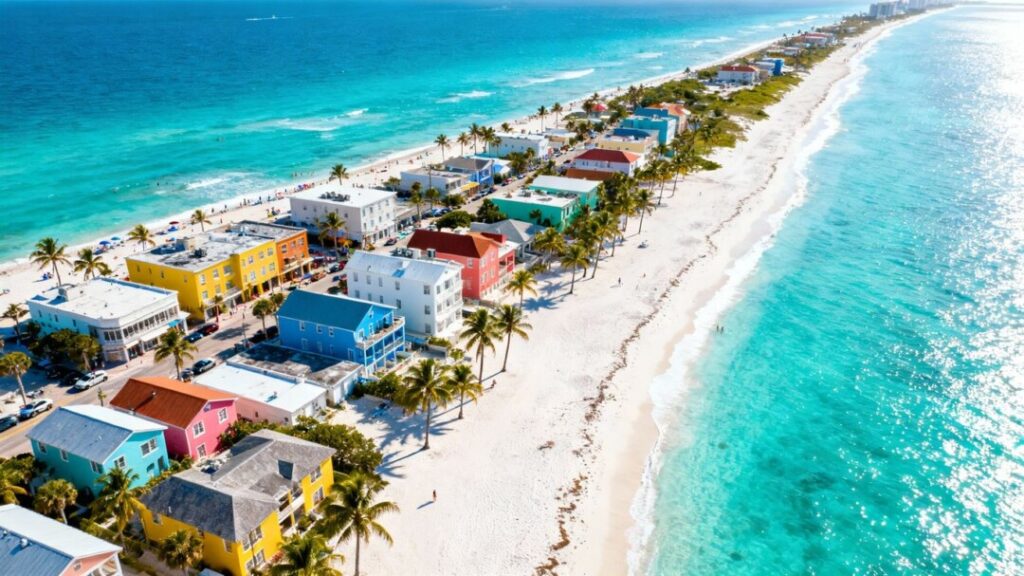 Florida beach town with ocean and palm trees.