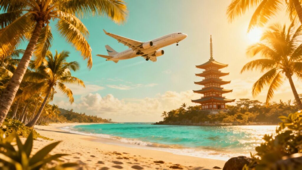 Florida and Japan landmarks with airplane connecting them.