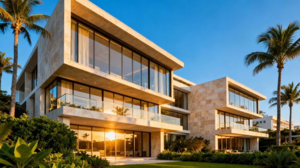 Luxury apartment building exterior with landscaping.