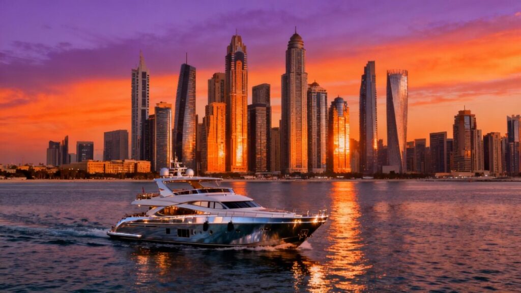 Miami skyline at sunset with luxury yacht.