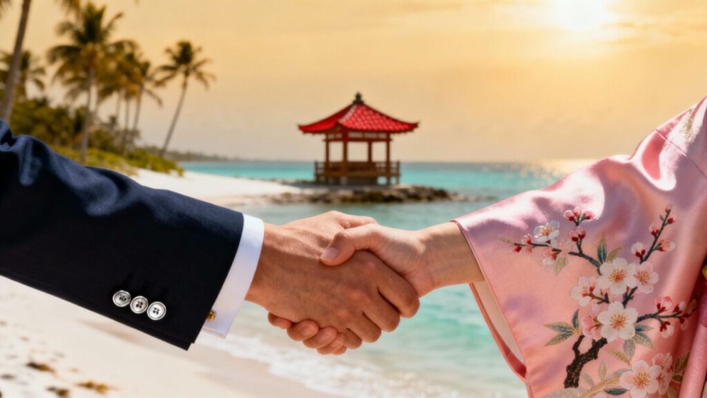 Florida and Japan real estate handshake with coastal and pagoda background.