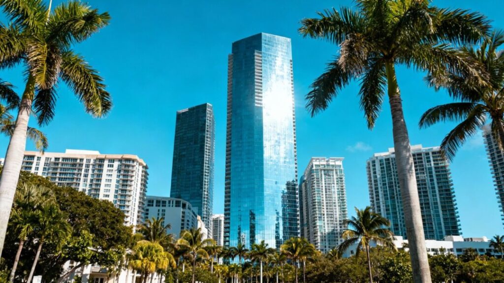 Luxury skyscrapers and palm trees in West Palm Beach.