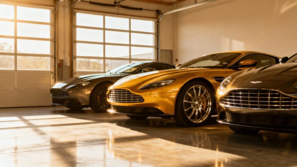 Luxury cars in a modern, sunlit garage.