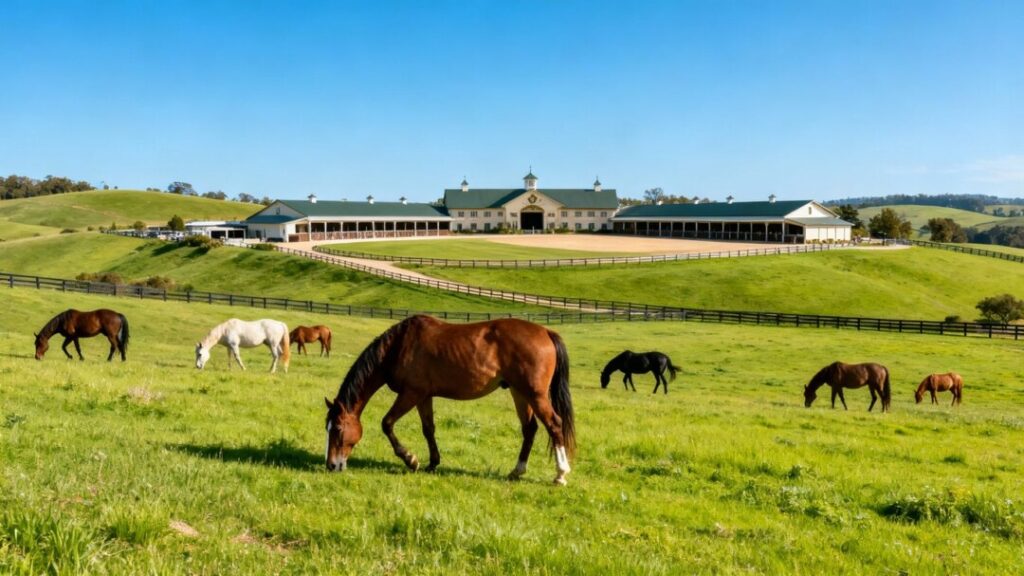 Majestic horses in lush green pastures.