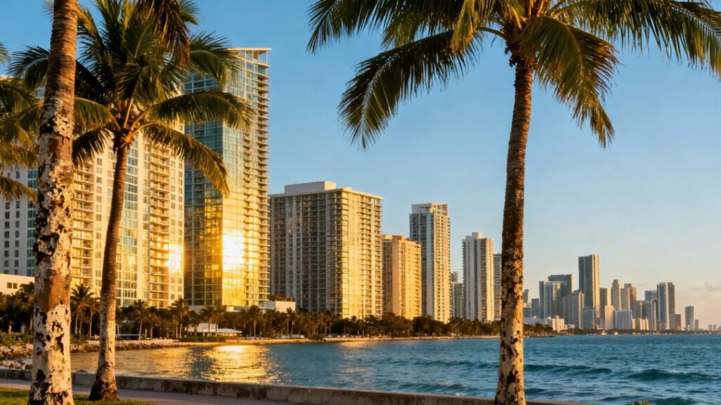 Miami skyline with apartment buildings and ocean.