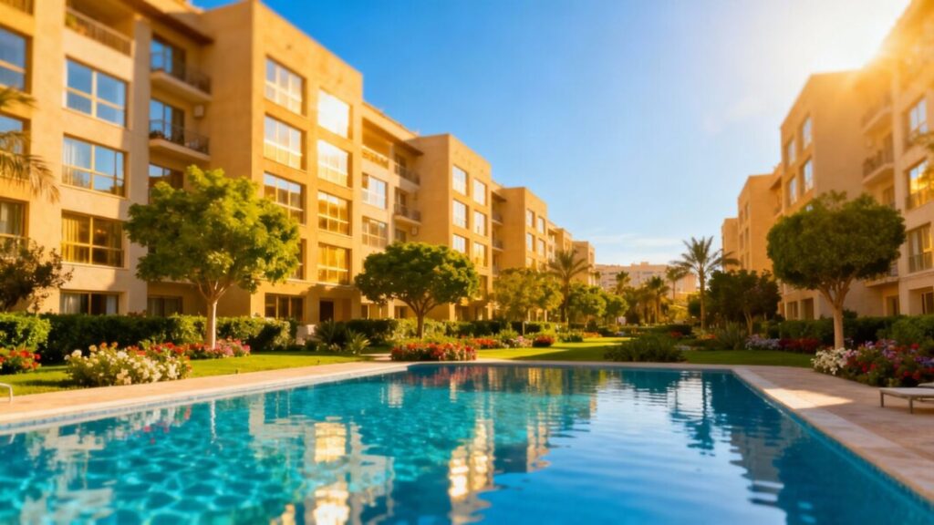 Modern apartment complex with pool and sunny sky.