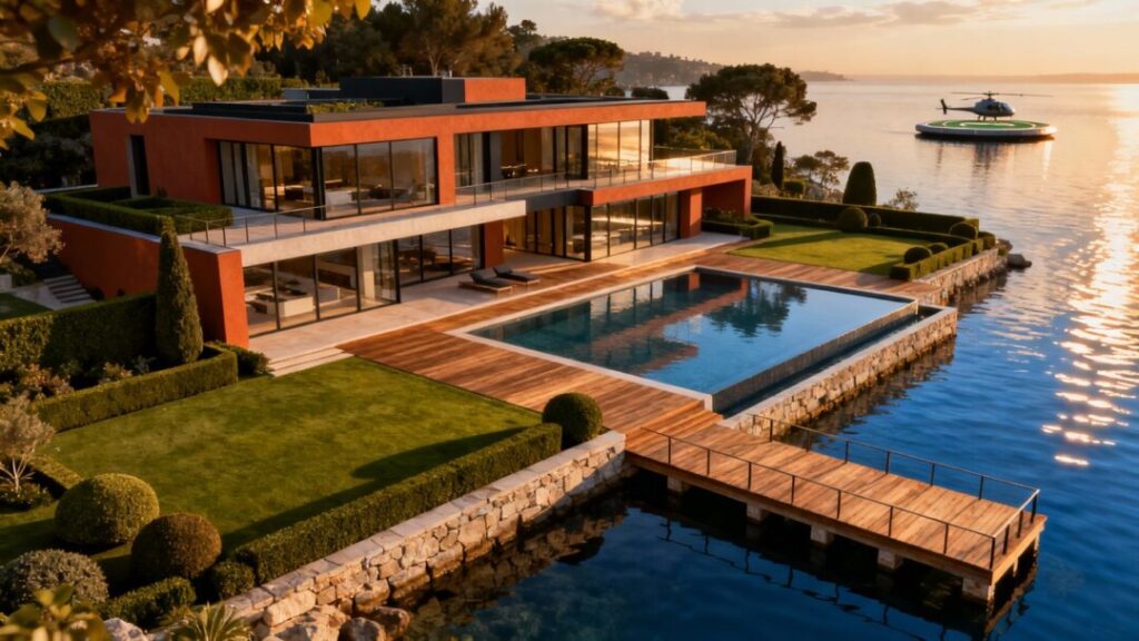 Luxury mansion with waterfront and private dock.