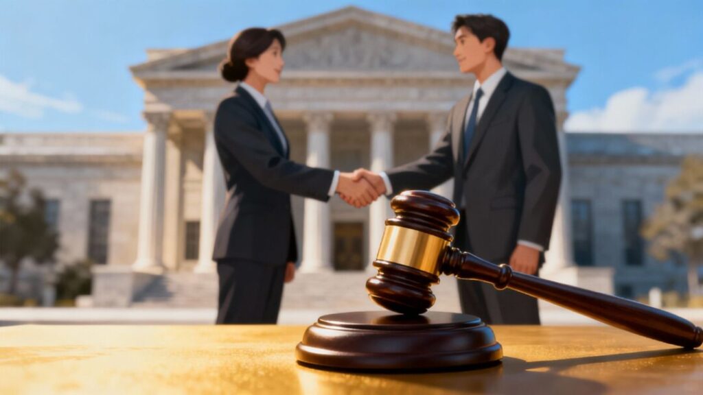 Gavel, handshake, and courthouse symbolizing legal settlement.