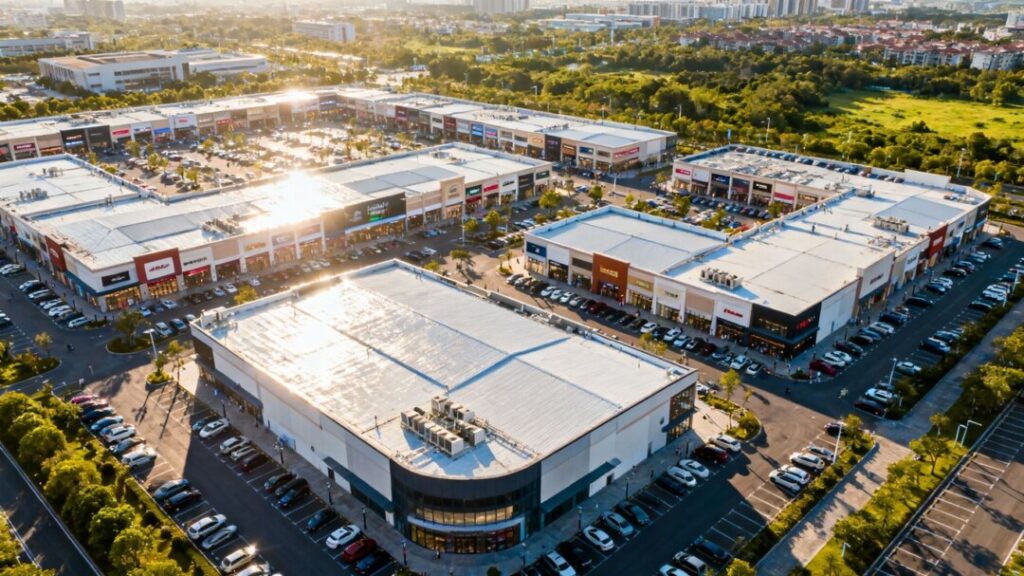 Aerial view of a large shopping mall complex.