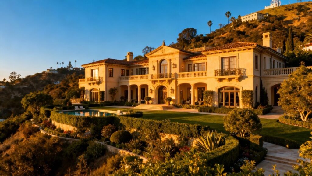 Hollywood Hills mansion at sunset, iconic LA real estate.