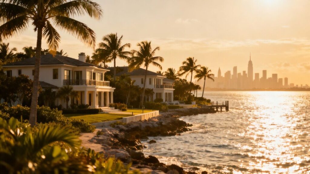 Florida coast with homes, NYC skyline fading.