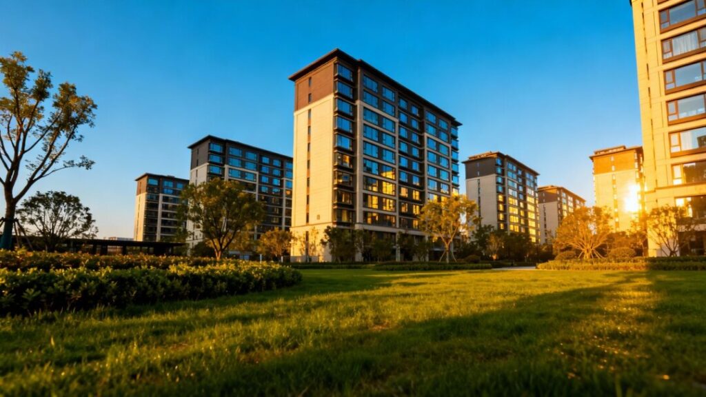 Modern apartment complex with landscaping and blue sky.