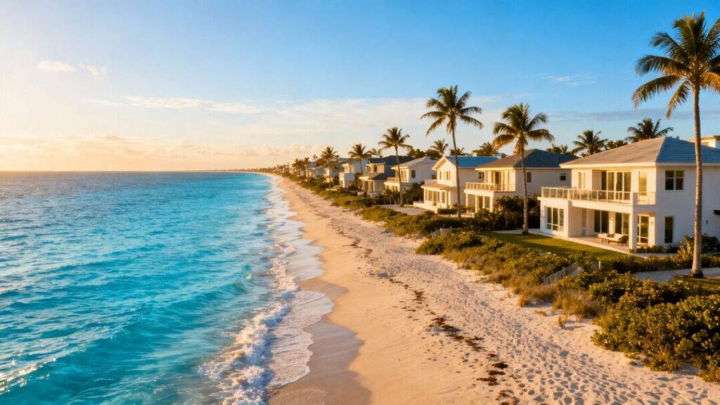 South Florida homes near the ocean with palm trees.