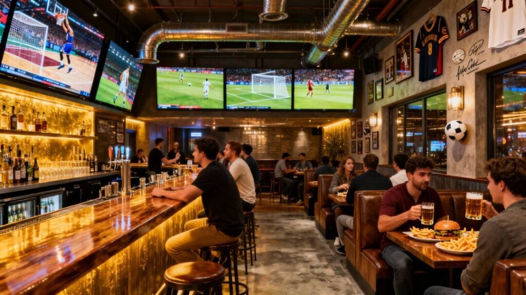 Flanker Kitchen + Sports Bar interior with screens and patrons.