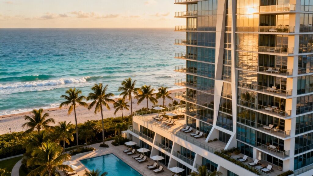 Modern beachfront luxury condo tower overlooking Miami Beach with palm trees, pool deck, and Atlantic Ocean views