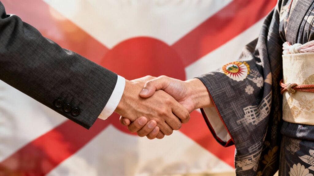 Florida and Japan real estate leaders shake hands.