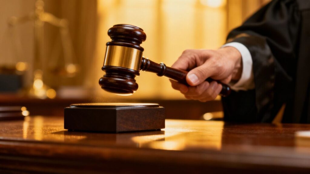 Judge's gavel striking a block in a courtroom.