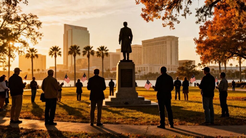Tampa cityscape with people at a memorial and civic events.