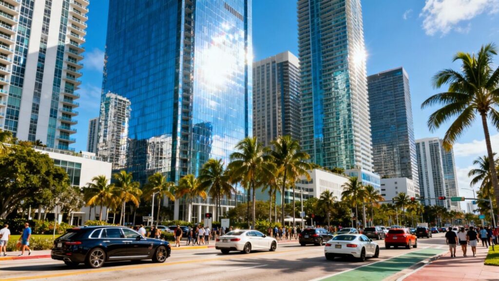 Florida cityscape with skyscrapers and busy streets.