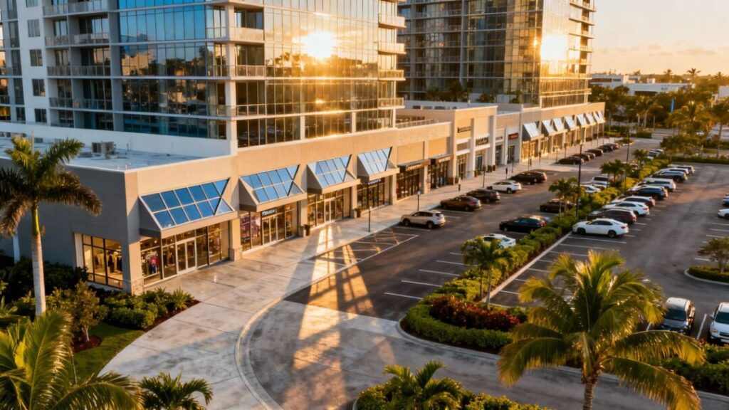 Modern retail complex with storefronts and landscaping.