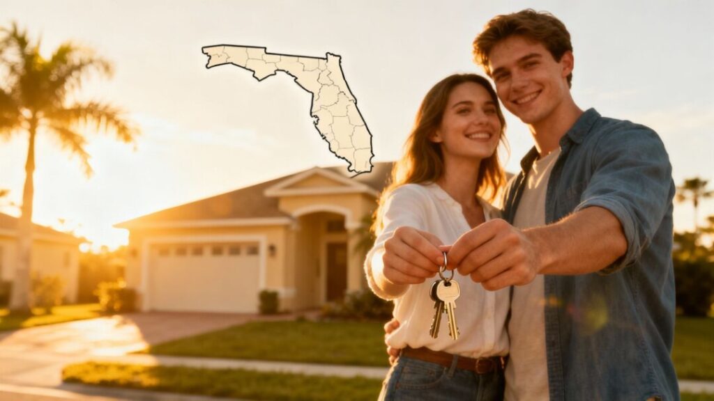 Couple holding keys in front of Florida home, property reform concept.