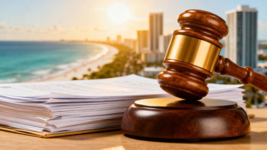 Florida real estate, legal gavel, and coastline.