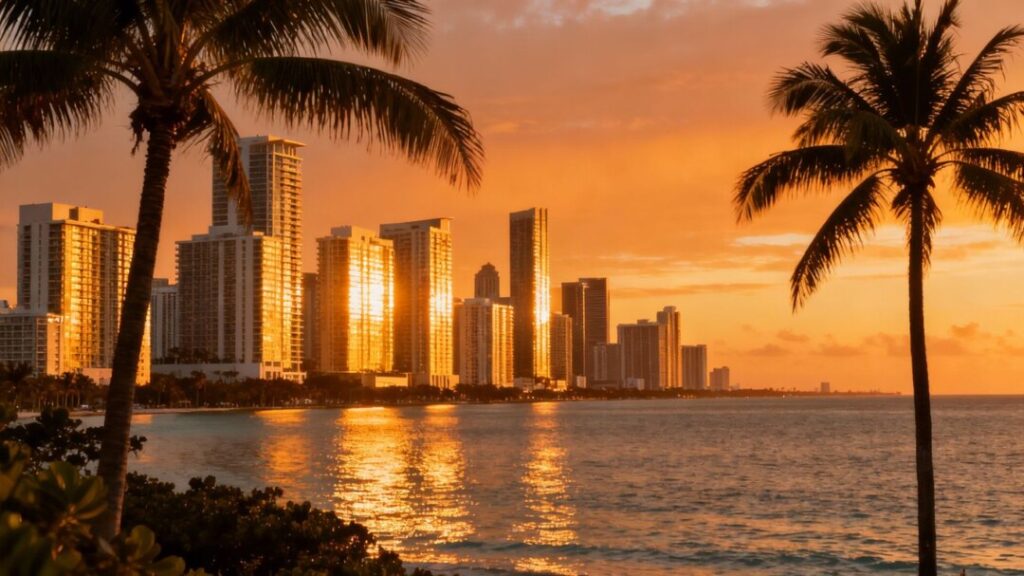 Miami skyline with palm trees and ocean.