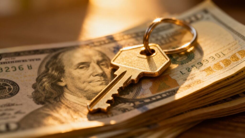 House key on money, mortgage rates rising.