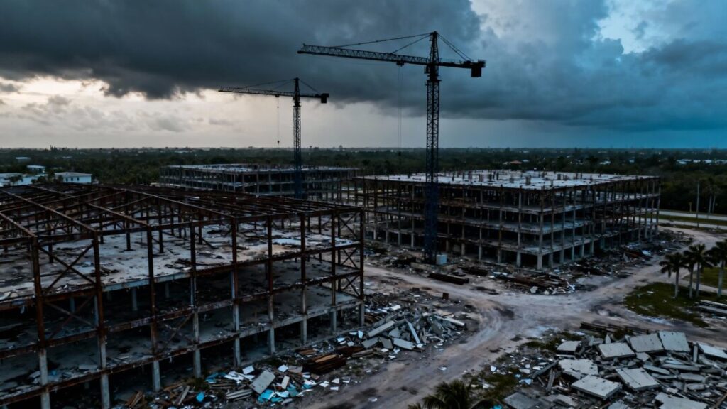 South Florida construction sites under stormy skies, indicating financial trouble.