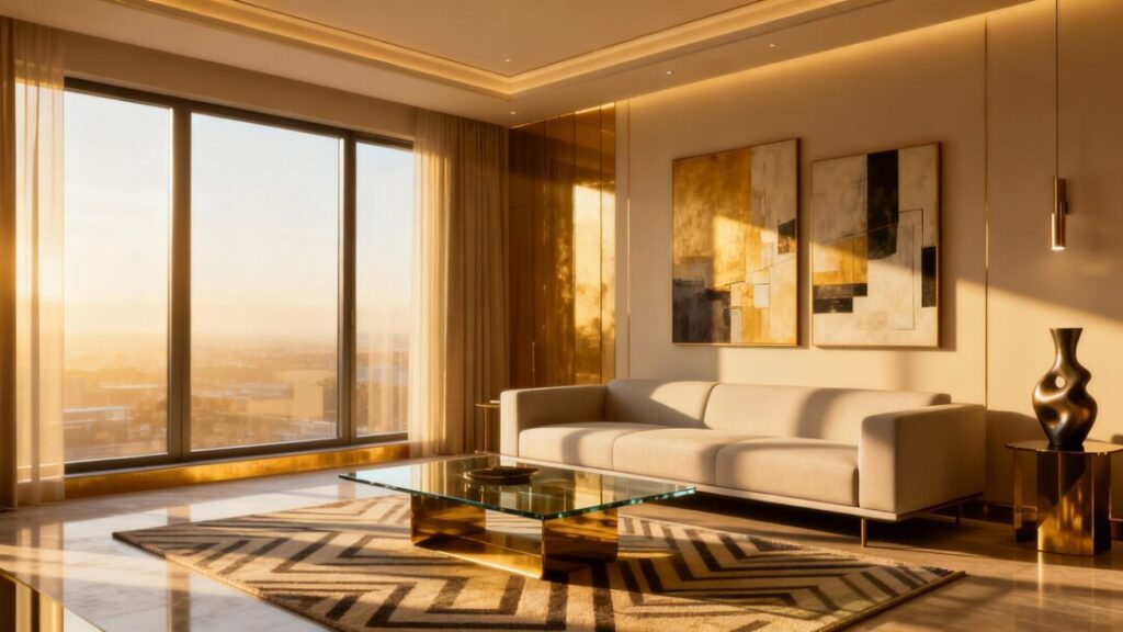 Virtually staged living room with modern furniture.