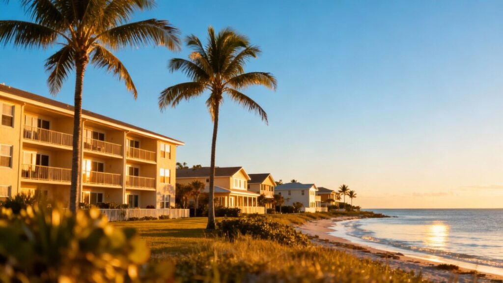 Southwest Florida coast with residential buildings and ocean.