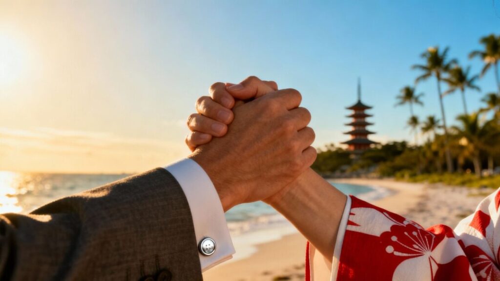 Florida and Japan real estate handshake with coastal and pagoda background.