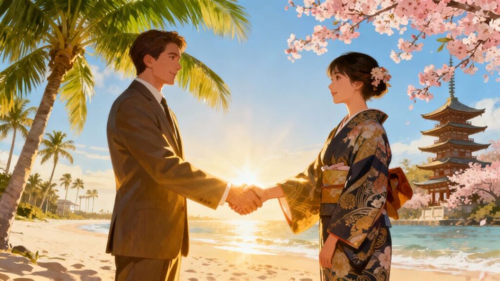 Florida and Japan real estate partnership handshake.