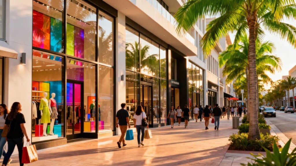 Central Florida retail storefronts with shoppers