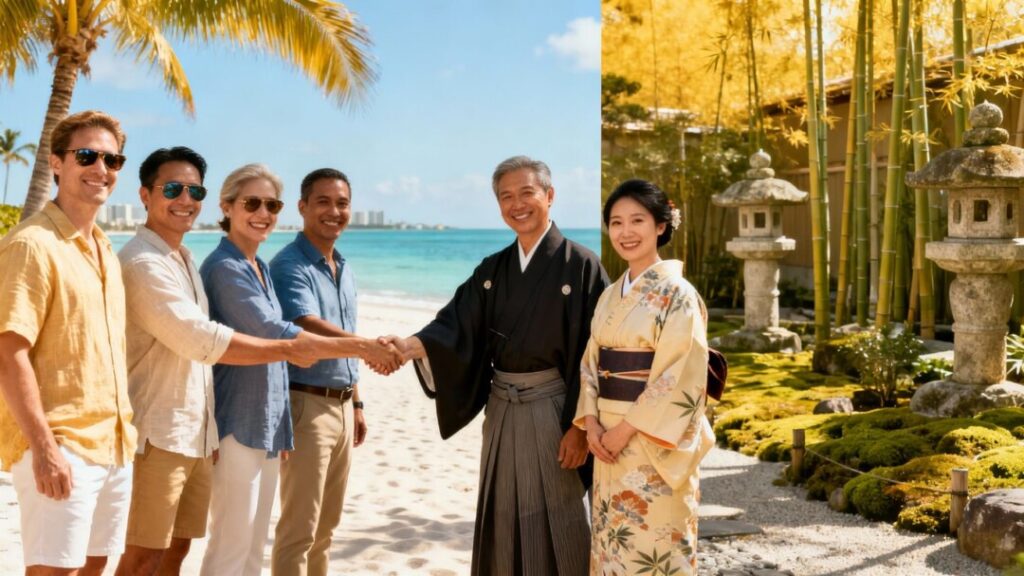Florida and Japan real estate professionals shake hands, symbolizing alliance.