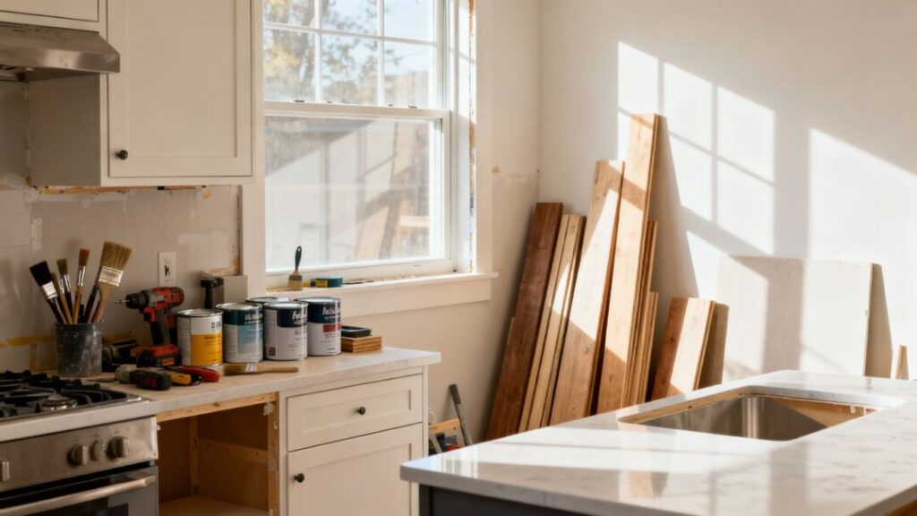 Kitchen remodel in progress with tools and materials.