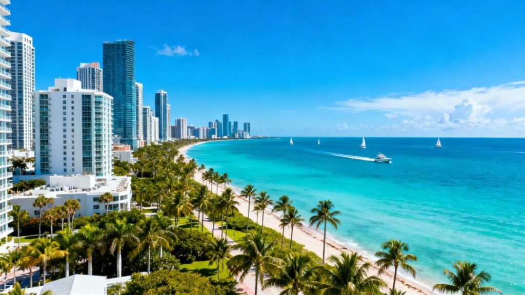 South Florida skyline with ocean and palm trees.