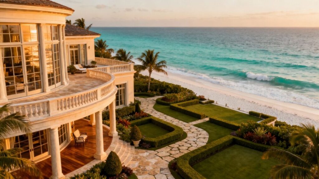 Oceanfront estate in Palm Beach with mansion and private beach.
