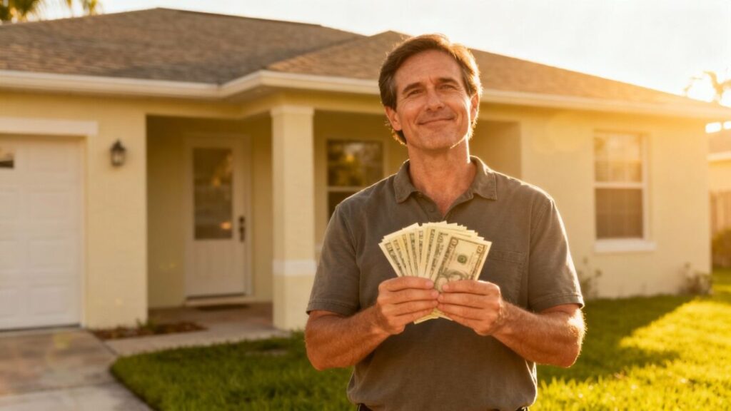 Florida homeowner with bills, house, bright sun.