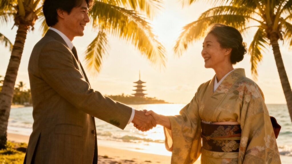 Florida and Japan representatives shaking hands, Florida coast background.