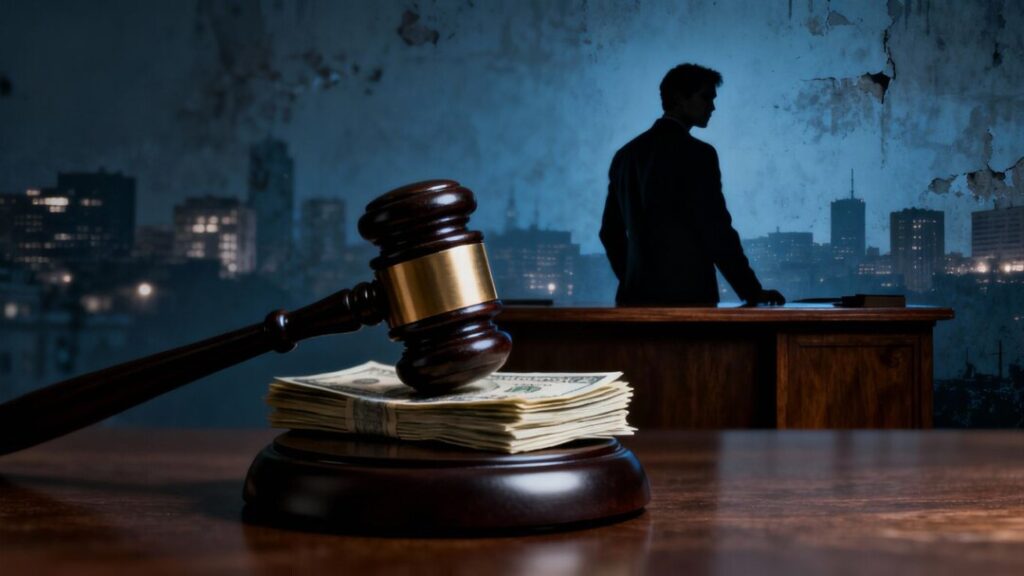 Gavel striking money, shadowy figure, distressed cityscape.