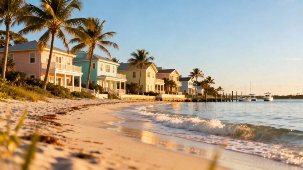 Florida coastal town with houses and ocean.