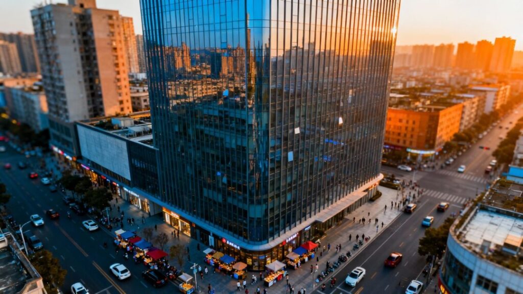 Modern skyscraper in a bustling city.