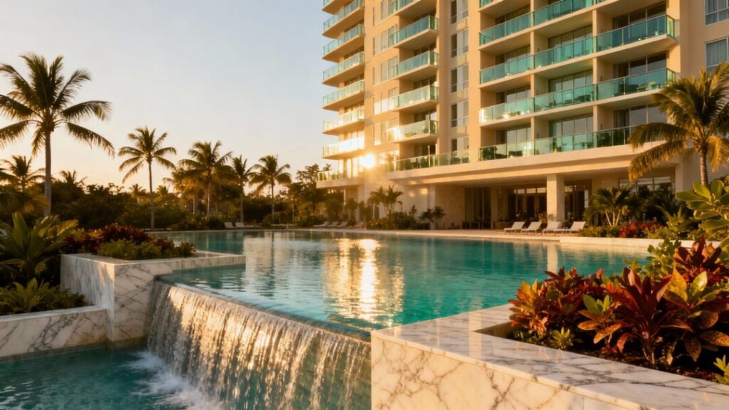 Modern Orlando resort tower with pool and palm trees.