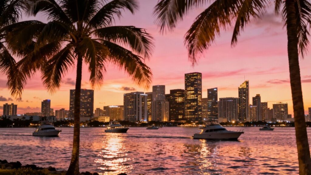 Miami skyline with palm trees and boats.