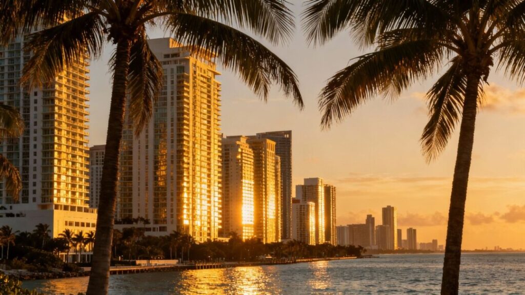 Miami skyline with palm trees and ocean.