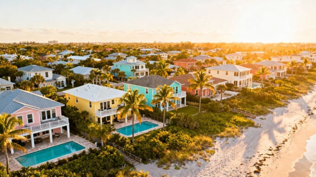 Florida homes with beaches and palm trees under a sunny sky.